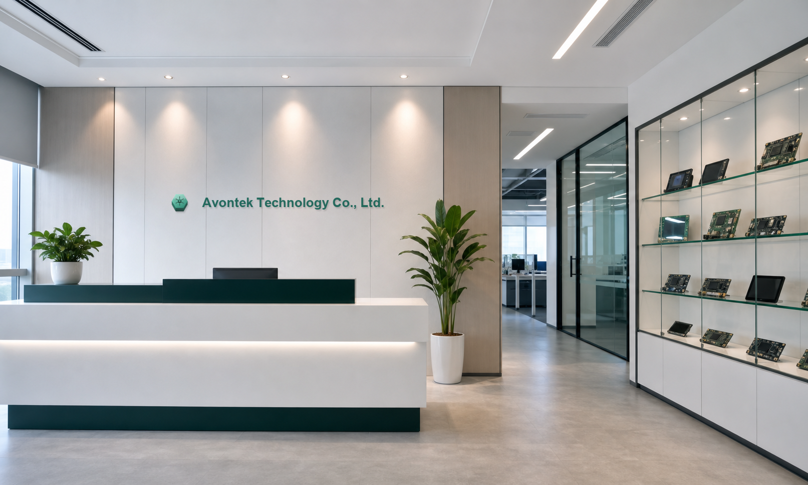 Avontek office reception with company logo and embedded product display